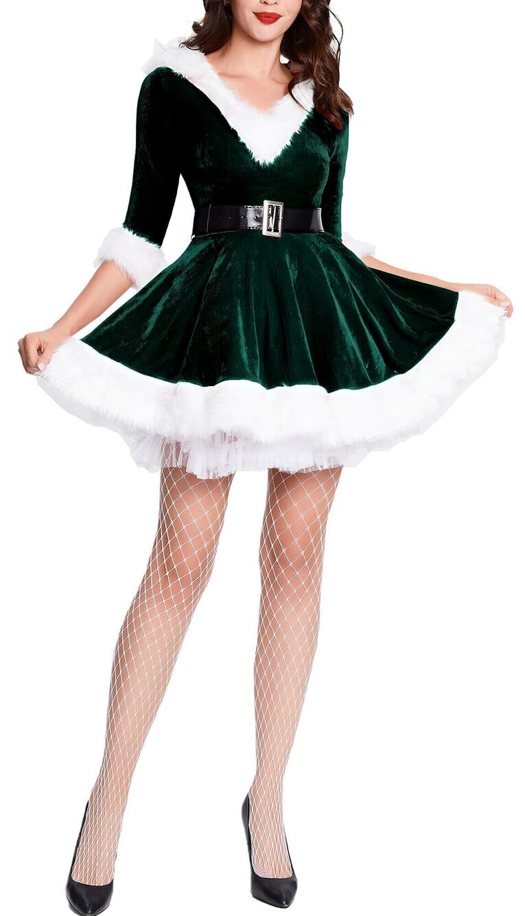3496 Santa Costume V Neck Hooded Christmas Dress Fluffy Xmas Outfits Mrs.
